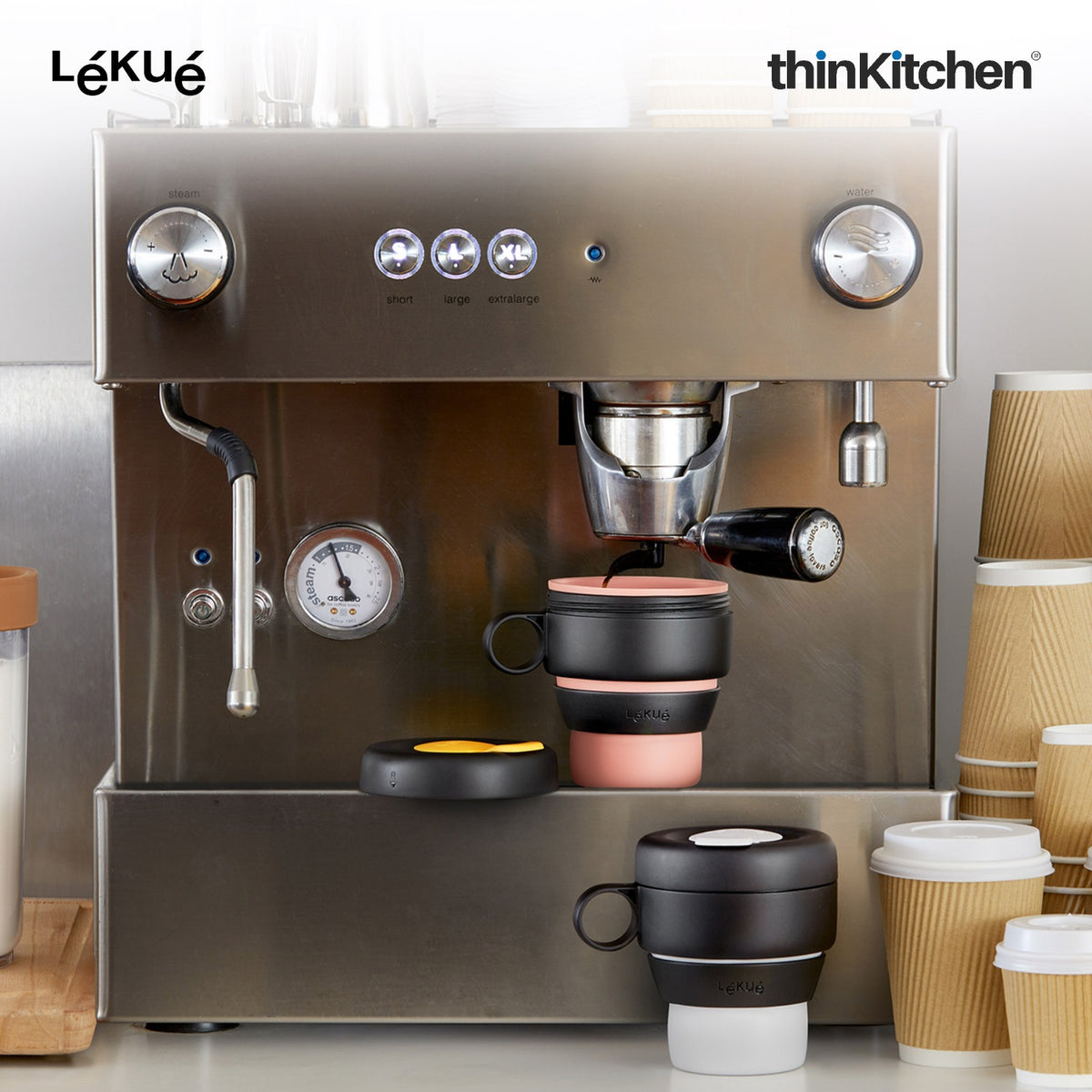 LÉKUÉ Mug To Go 350ml, Collapsible Reusable Travel Coffee Cup with Leak-Proof Lid, Portable Grey Silicone Travel Mug - 4