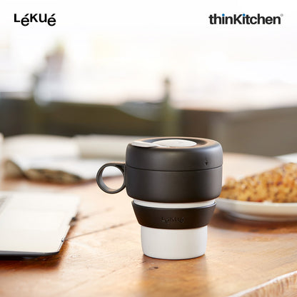 LÉKUÉ Mug To Go 350ml, Collapsible Reusable Travel Coffee Cup with Leak-Proof Lid, Portable Grey Silicone Travel Mug