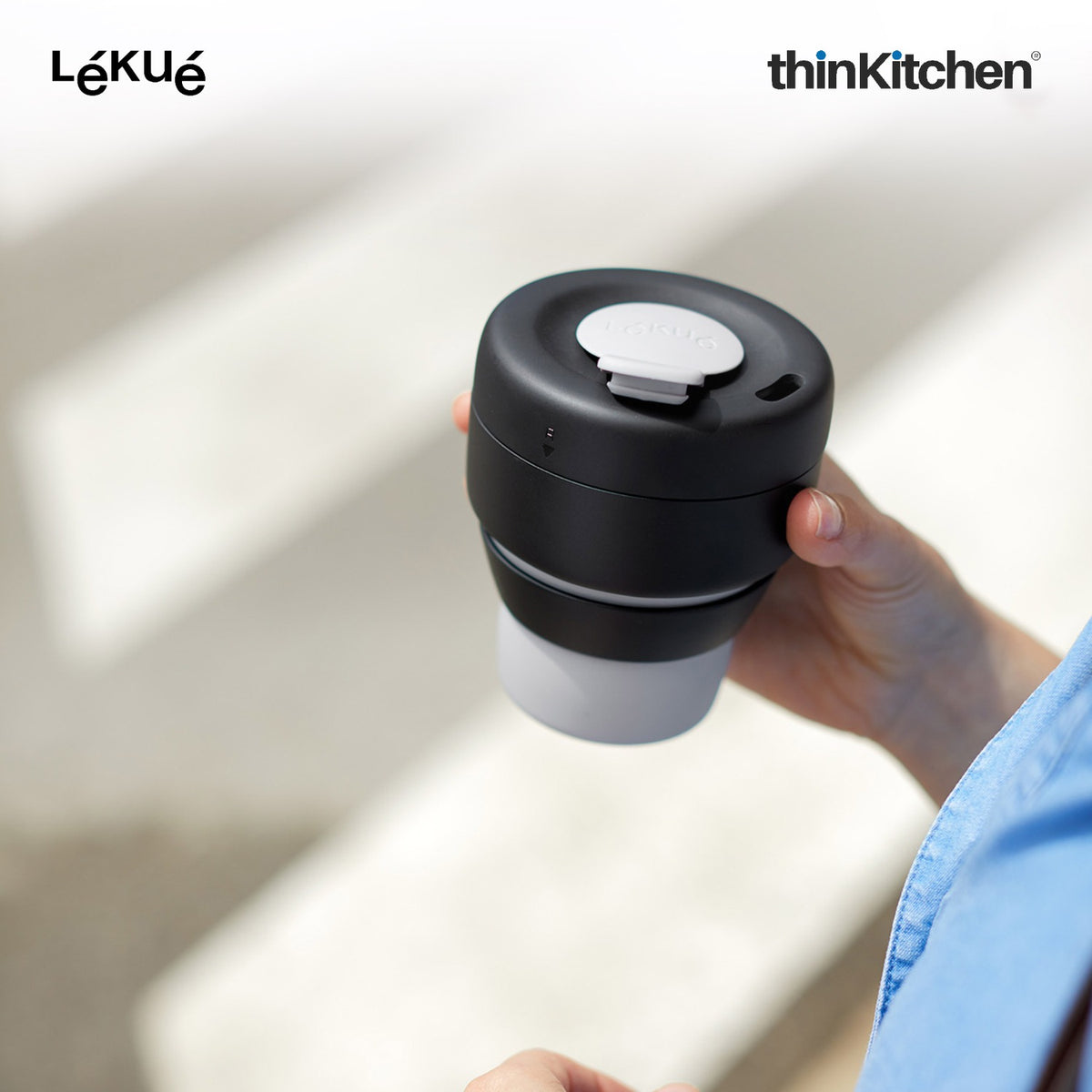 LÉKUÉ Mug To Go 350ml, Collapsible Reusable Travel Coffee Cup with Leak-Proof Lid, Portable Grey Silicone Travel Mug