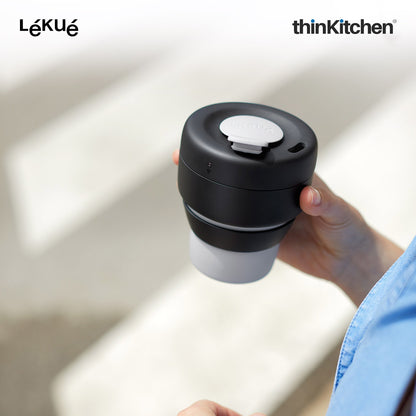 LÉKUÉ Mug To Go 350ml, Collapsible Reusable Travel Coffee Cup with Leak-Proof Lid, Portable Grey Silicone Travel Mug