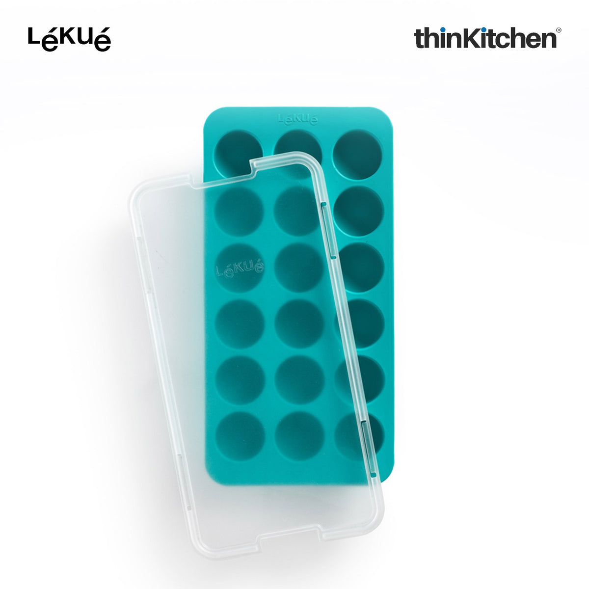 LÉKUÉ Premium 18 Cavity Round Ice Cube Tray with Lid - Turquoise | Flexible Reusable Ice Mould