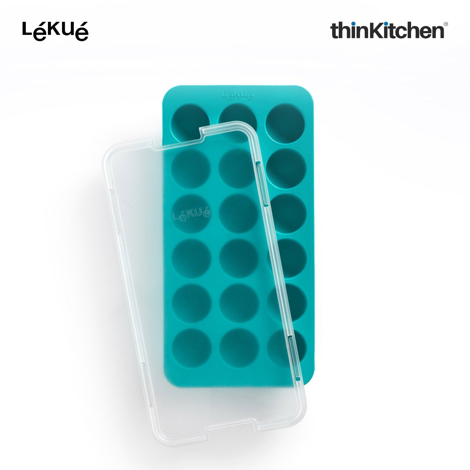 LÉKUÉ Premium 18 Cavity Round Ice Cube Tray with Lid - Turquoise | Flexible Reusable Ice Mould - 1