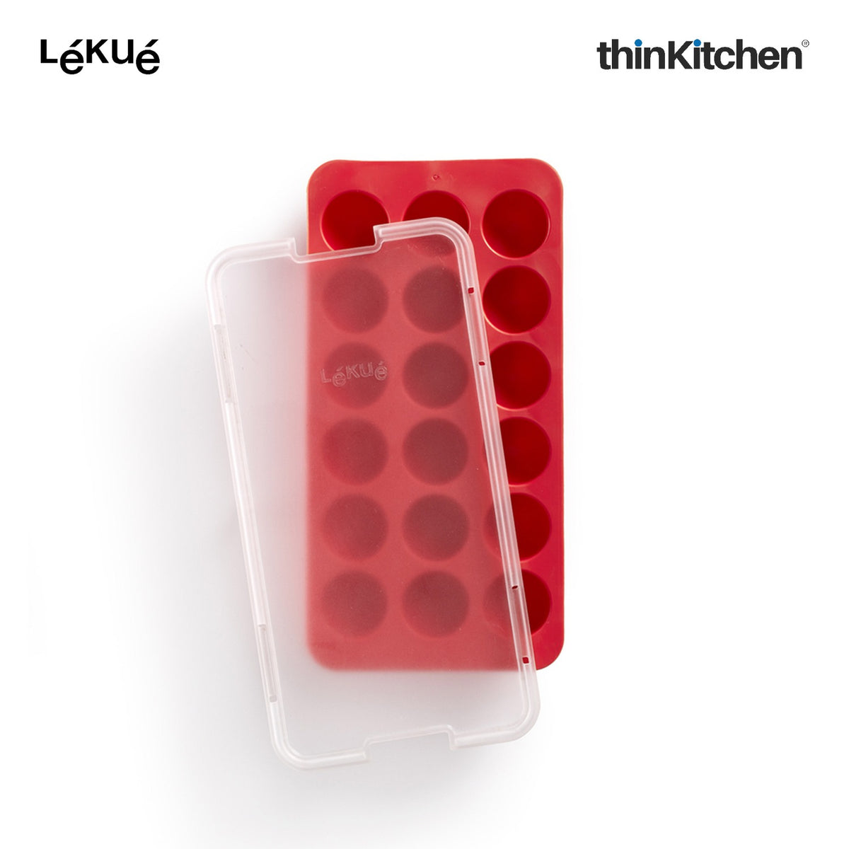 LÉKUÉ Premium Round 18 Cavity Ice Cube Tray with Lid - Red | Flexible, Reusable Ice Mould - 1