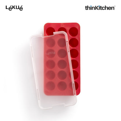 LÉKUÉ Premium Round 18 Cavity Ice Cube Tray with Lid - Red | Flexible, Reusable Ice Mould