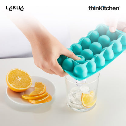 LÉKUÉ Premium Round 18 Cavity Ice Cube Tray with Lid - Red | Flexible, Reusable Ice Mould