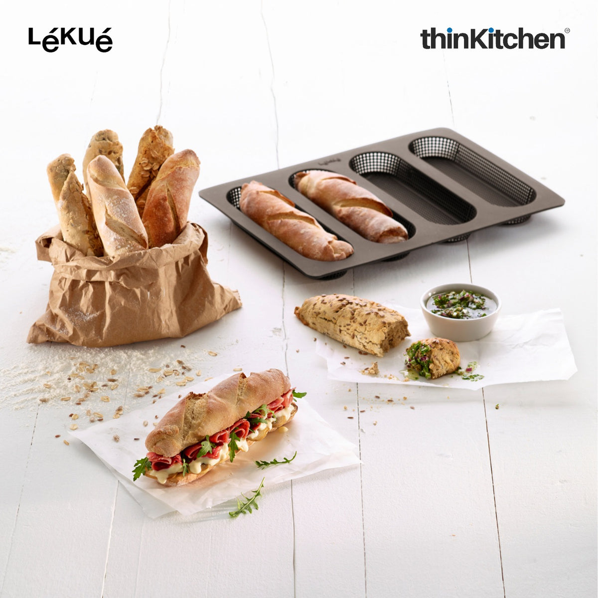 LÉKUÉ Home Bread Essentials Kit, Platinum Silicone Bread Maker & Mini Baguette Mold, Oven & Dishwasher Safe