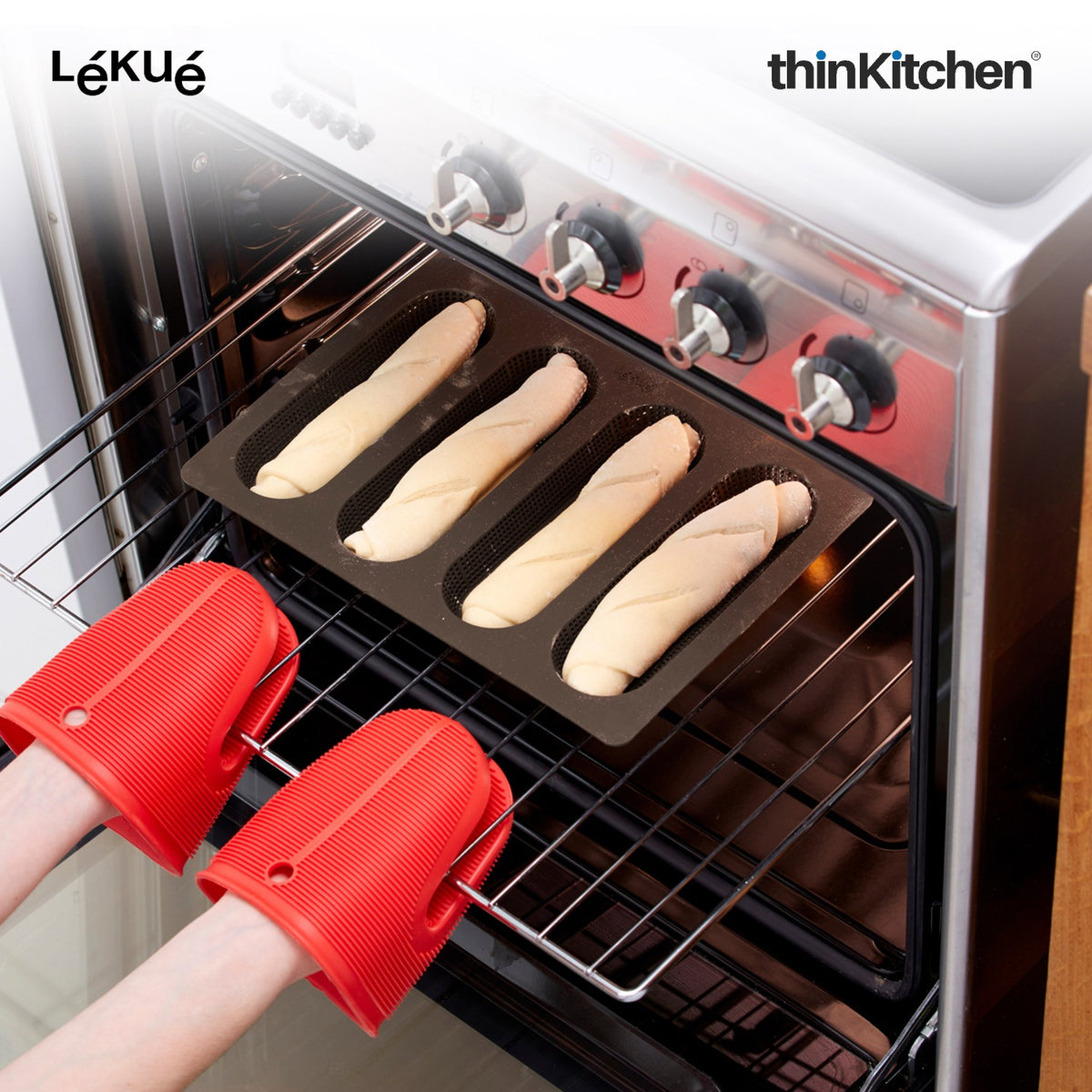 LÉKUÉ Home Bread Essentials Kit, Platinum Silicone Bread Maker & Mini Baguette Mold, Oven & Dishwasher Safe