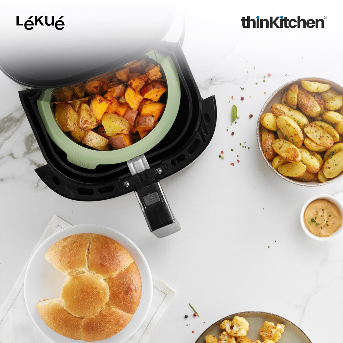 LÉKUÉ Premium Air Fryer Mould 6 Inch, Platinum Silicone Non-Stick Liner, Green Air Fryer Basket Protector - 2