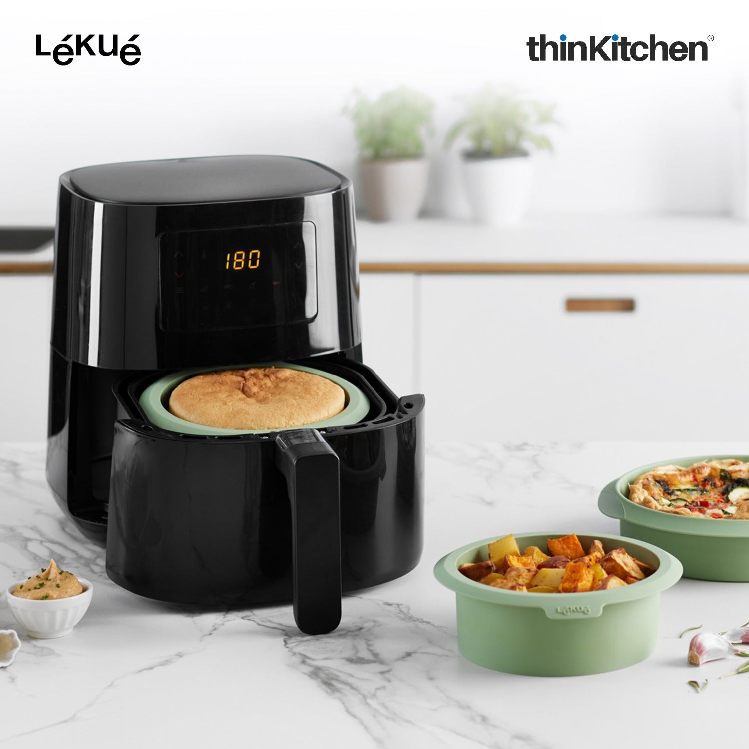 LÉKUÉ Premium Air Fryer Mould 6 Inch, Platinum Silicone Non-Stick Liner, Green Air Fryer Basket Protector - 3
