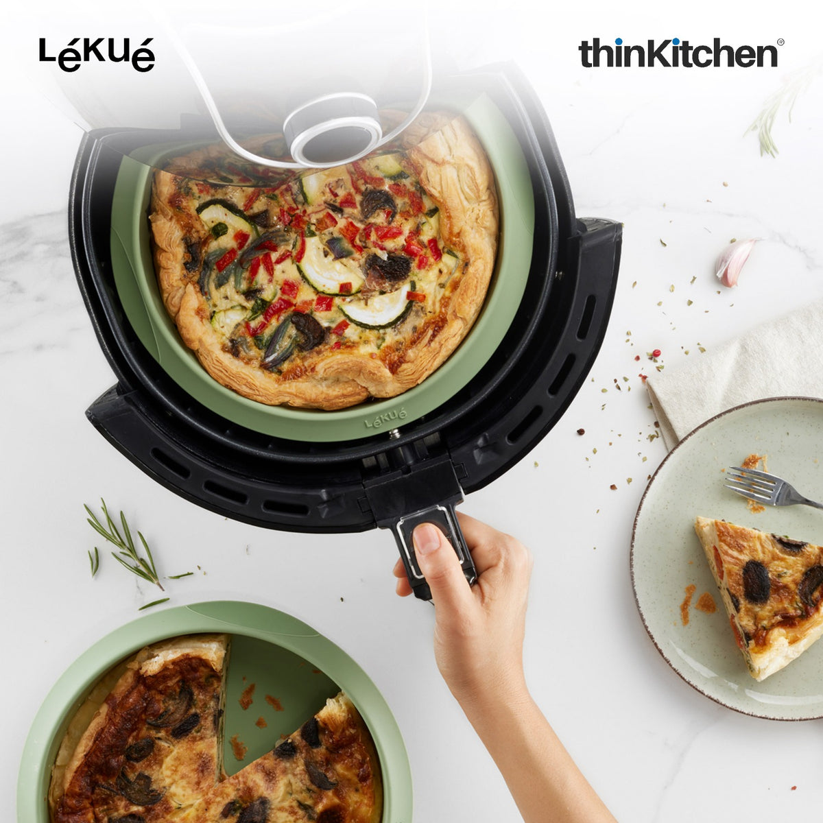 LÉKUÉ Premium Air Fryer Mould 7.9 Inch, Platinum Silicone Reusable , Flexible Green Air Fryer Liner for Large Air Fryers - 3
