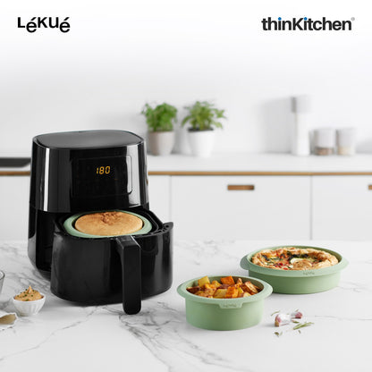 LÉKUÉ Premium Air Fryer Mould 7.9 Inch, Platinum Silicone Reusable , Flexible Green Air Fryer Liner for Large Air Fryers