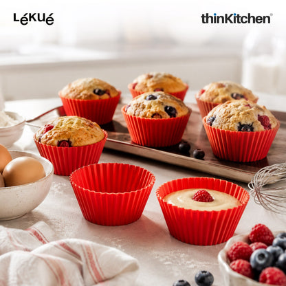 LÉKUÉ Premium Muffin Moulds Set of 6, 7cm Platinum Silicone Non-Stick Moulds, Muffin Cups