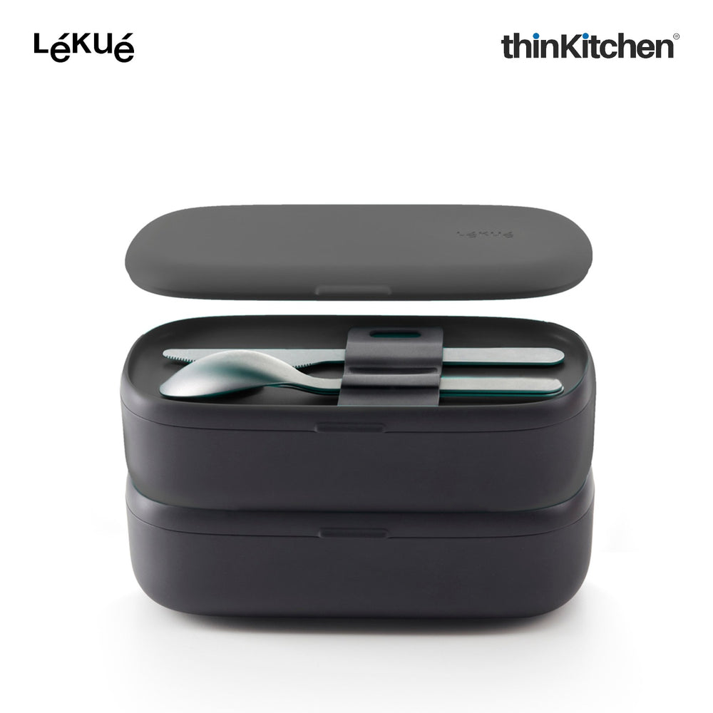LÉKUÉ Premium Lunch Box To Go 1L, Leakproof, Airtight 2 x 500ml Containers - Black, Microwave Safe
