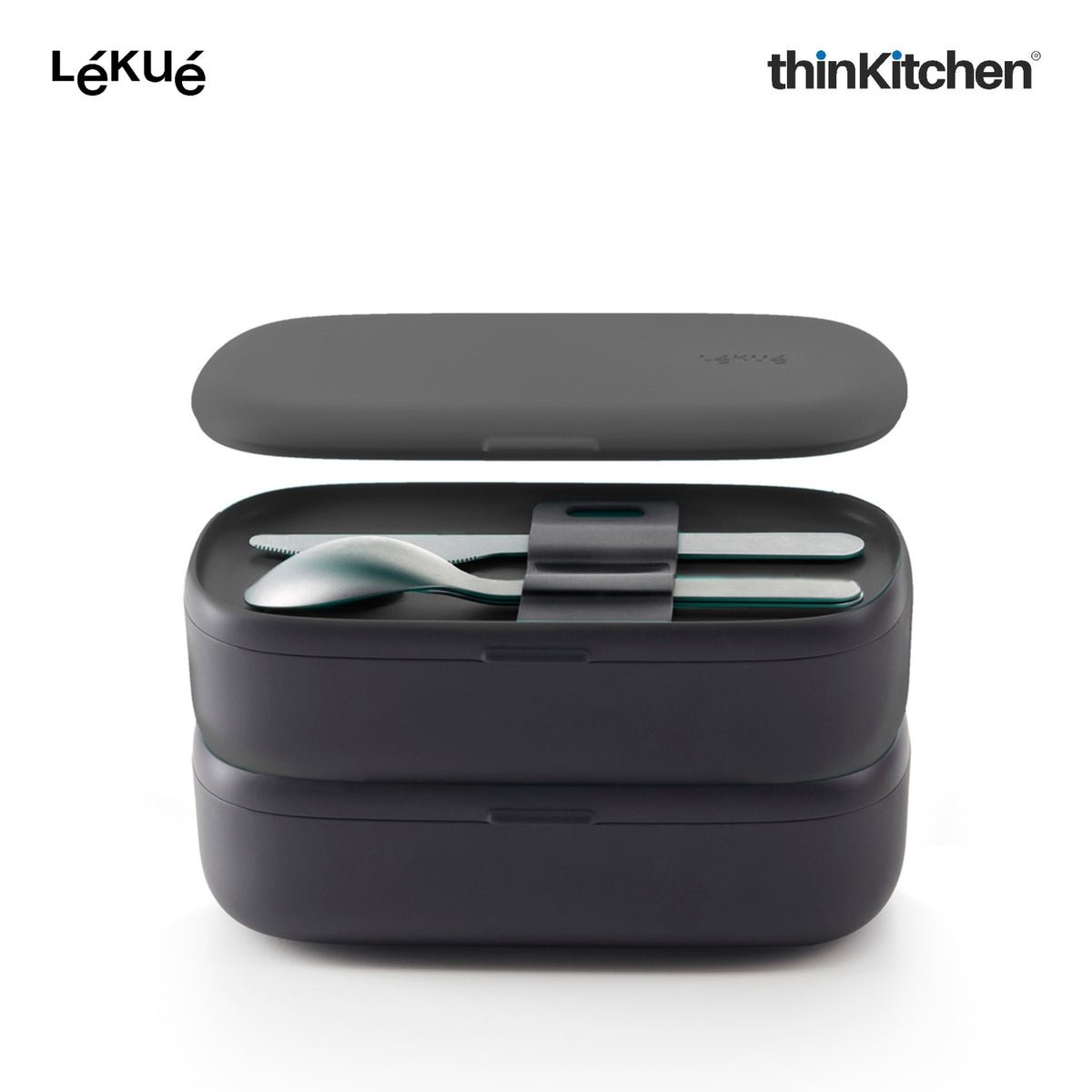 LÉKUÉ Premium Lunch Box To Go 1L, Leakproof, Airtight 2 x 500ml Containers - Black, Microwave Safe