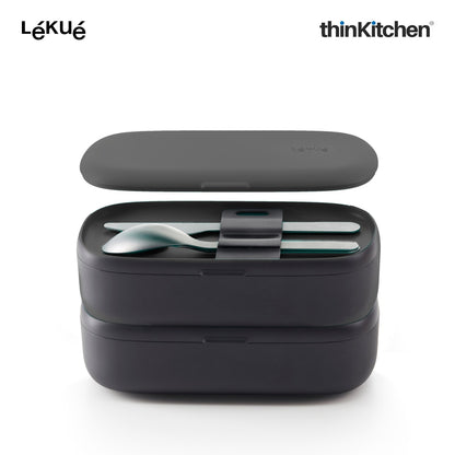 LÉKUÉ Premium Lunch Box To Go 1L, Leakproof, Airtight 2 x 500ml Containers - Black, Microwave Safe