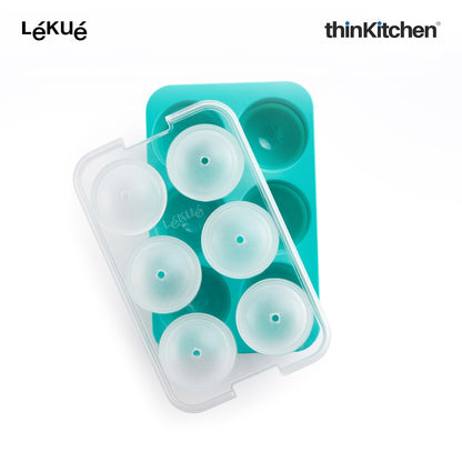 LÉKUÉ Premium XL Ice Sphere Mould with 6 Cavities, Platinum Silicone Ice Ball Tray with Lid