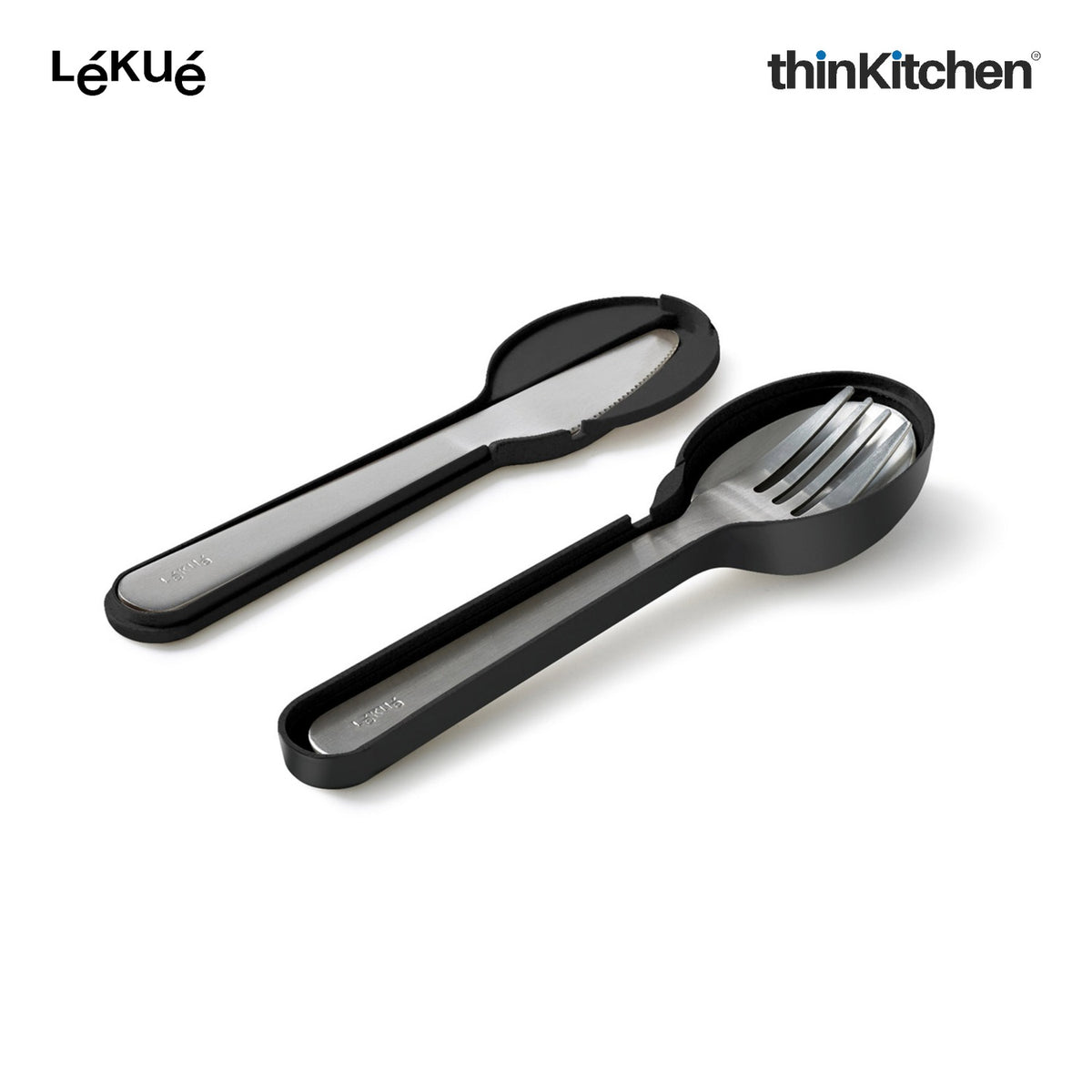 LÉKUÉ Premium 3 Pcs Portable Travel Cutlery Set with Case - Stainless Steel Fork, Knife & Spoon