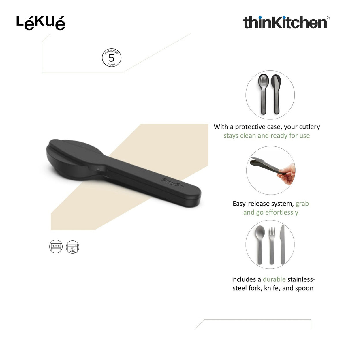 LÉKUÉ Premium 3 Pcs Portable Travel Cutlery Set with Case - Stainless Steel Fork, Knife & Spoon - 6