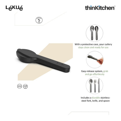 LÉKUÉ Premium 3 Pcs Portable Travel Cutlery Set with Case - Stainless Steel Fork, Knife & Spoon