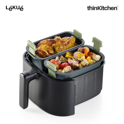 LÉKUÉ Premium Rectangular Air Fryer Basket, Platinum Silicone Reusable Non Stick Air Fryer Insert with Extendable Handles