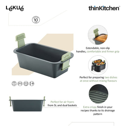 LÉKUÉ Premium Rectangular Air Fryer Basket, Platinum Silicone Reusable Non Stick Air Fryer Insert with Extendable Handles
