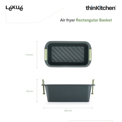 LÉKUÉ Premium Rectangular Air Fryer Basket, Platinum Silicone Reusable Non Stick Air Fryer Insert with Extendable Handles