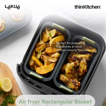 LÉKUÉ Premium Rectangular Air Fryer Basket, Platinum Silicone Reusable Non Stick Air Fryer Insert with Extendable Handles