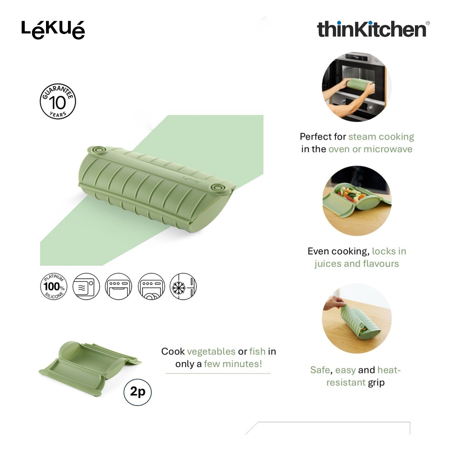 LÉKUÉ Premium Steam Cooker, Platinum Silicone Microwave Steamer for Speed Cooking, Ideal for 1–2 Servings - 5