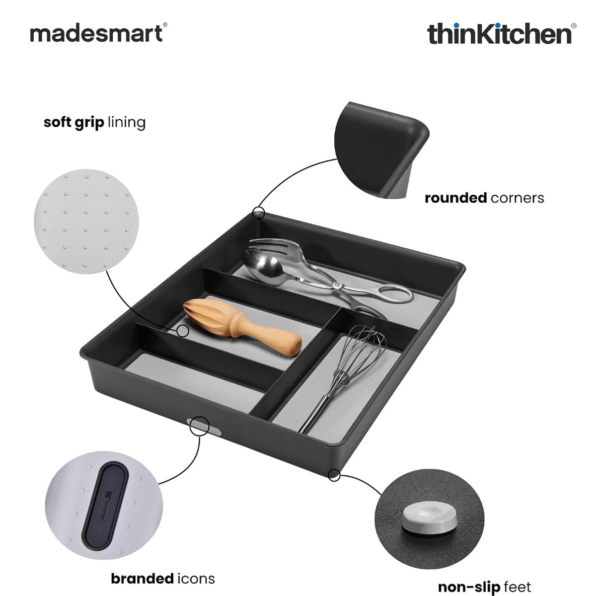 Madesmart Classic 4 Compartment Drawer Organizer With Soft Grip, Carbon