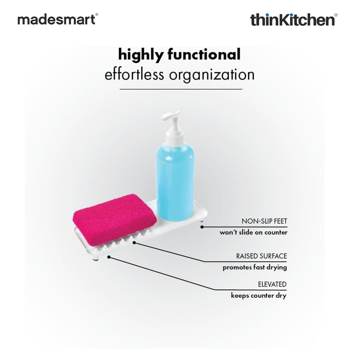 Madesmart Elevated Sink Tray For Soap, Sponges And Brushes, White