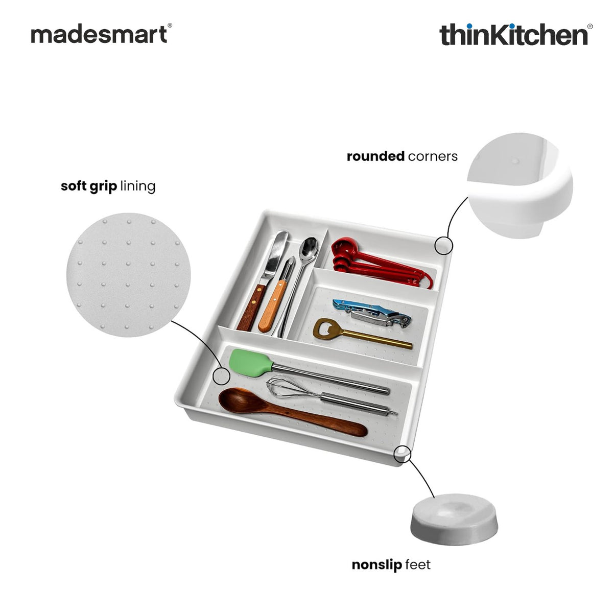 Madesmart Multipurpose Drawer Organizer, Gadget Tray With 4 Compartments, White - 3