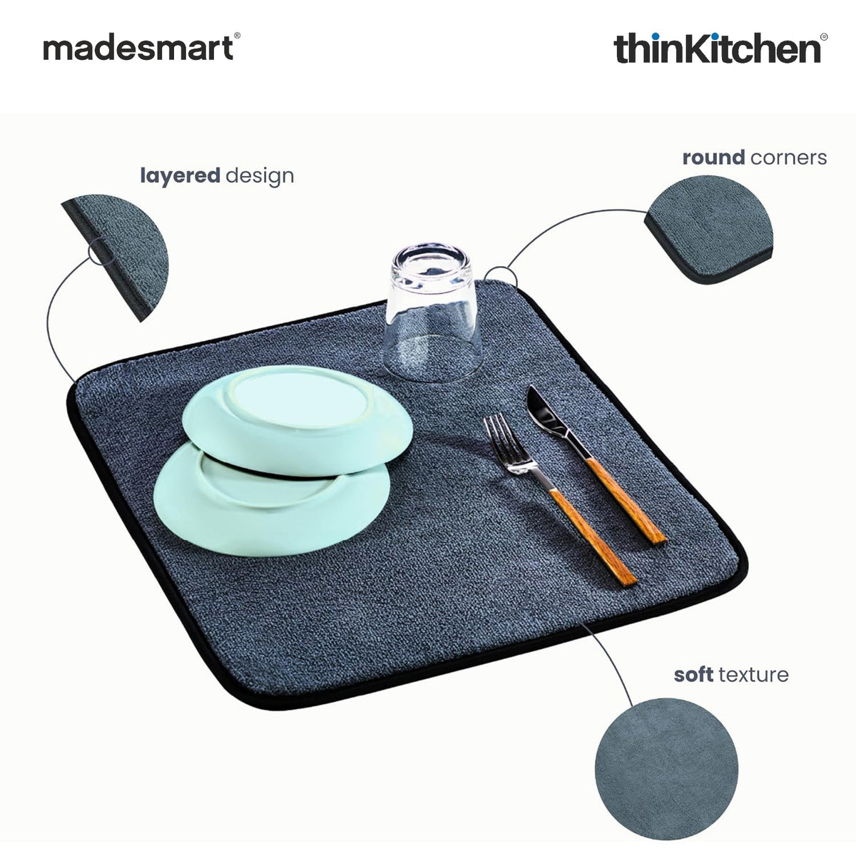 Madesmart Dish Drying Mat, Absorbent Microfiber, Grey - 4