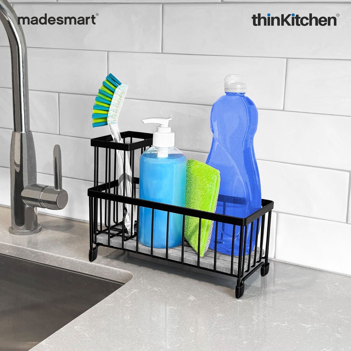 Madesmart Drying Stone Sink Caddy With Brush Holder, Black