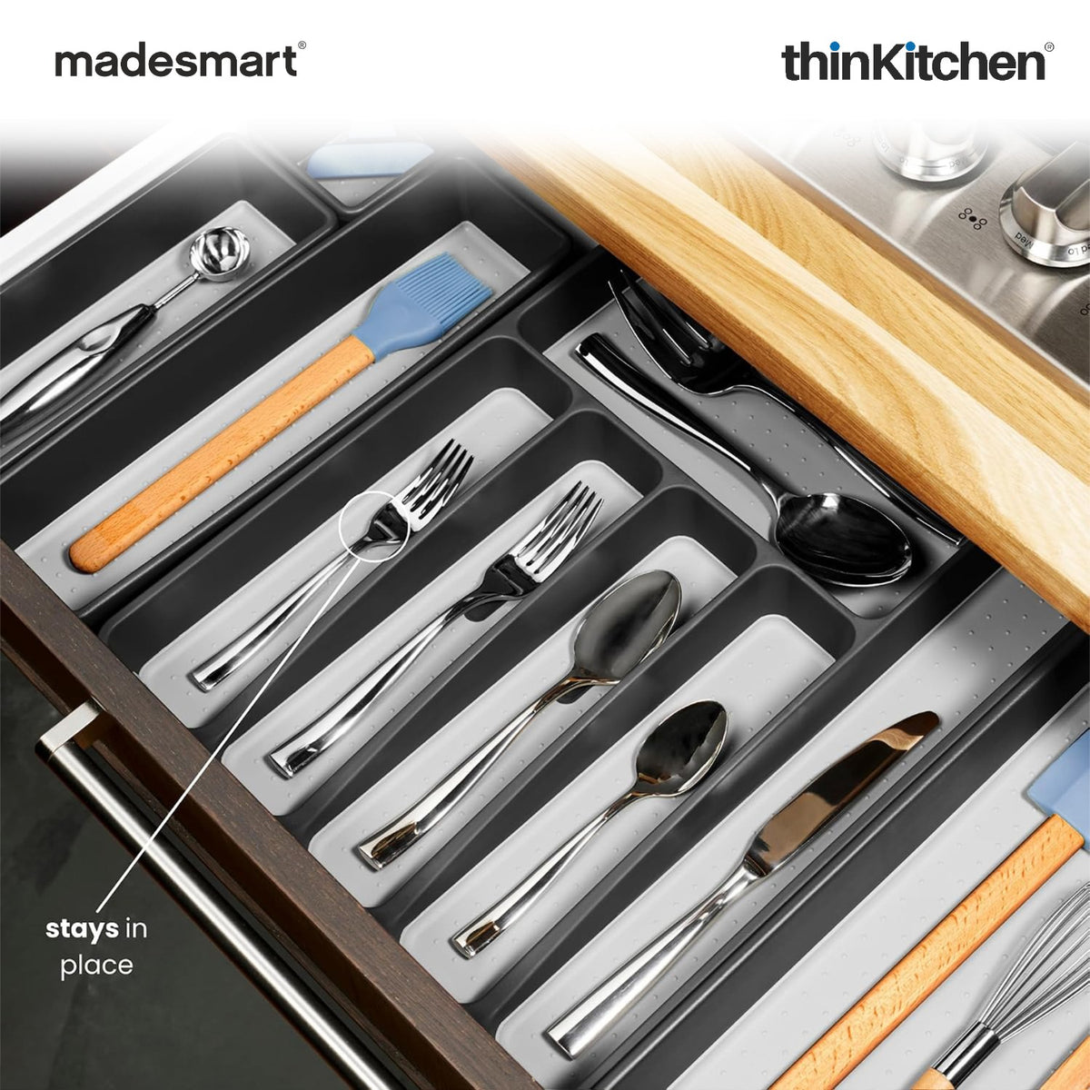 Madesmart Classic Large Silverware Tray With Soft Grip Lining, Carbon