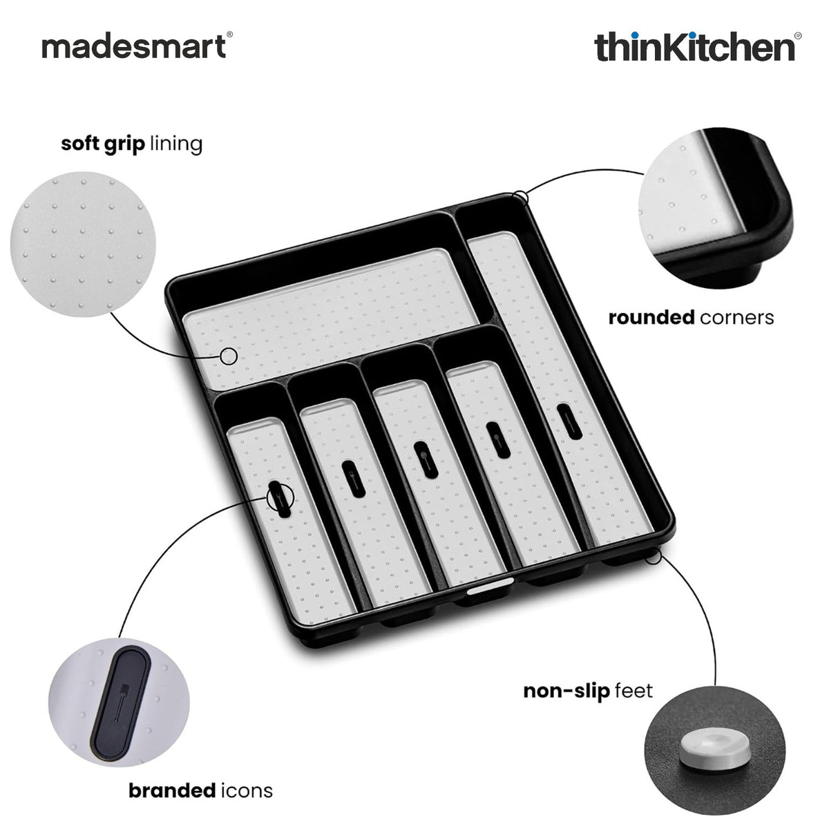 Madesmart Classic Large Silverware Tray With Soft Grip Lining, Carbon