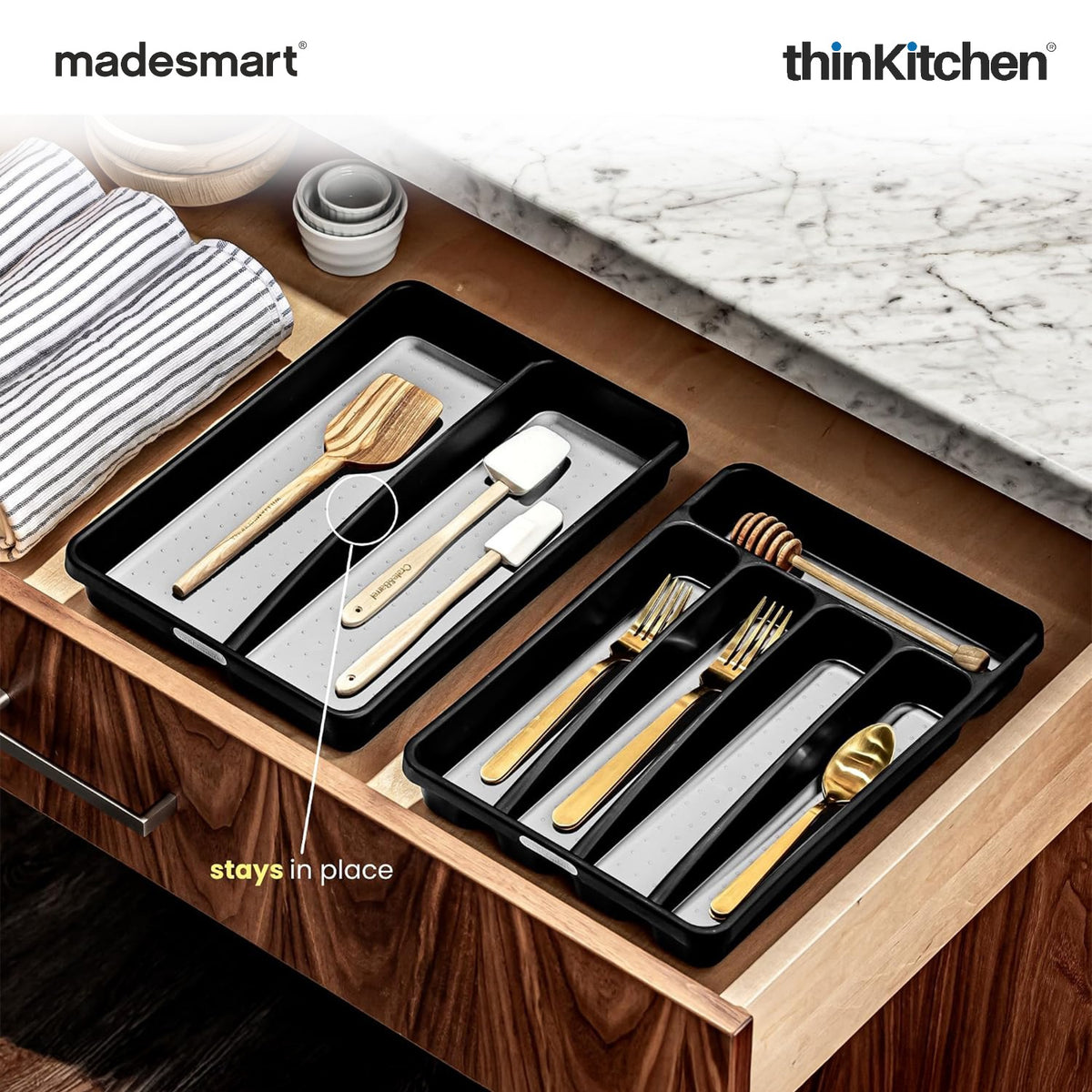 Madesmart Classic Compact Utensil Tray With Soft Grip Lining, Carbon