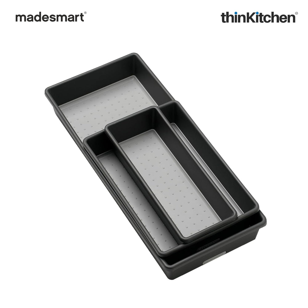 Madesmart Classic 3 Bin Drawer Organizer Set With Soft Grip Lining, Carbon