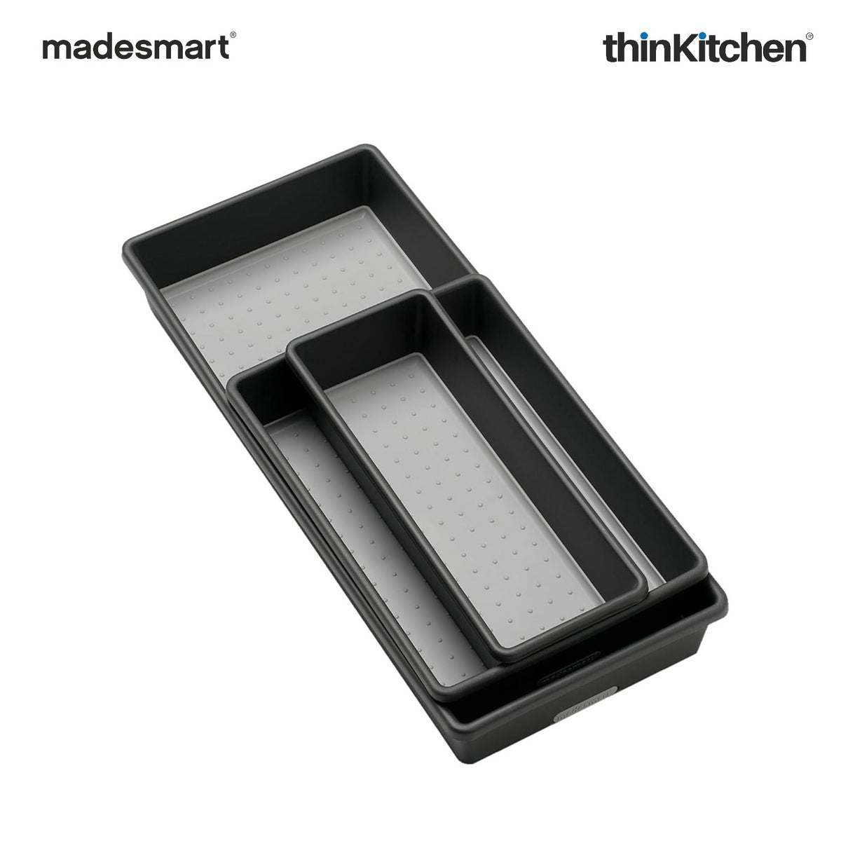 Madesmart Classic 3 Bin Drawer Organizer Set With Soft Grip Lining, Carbon