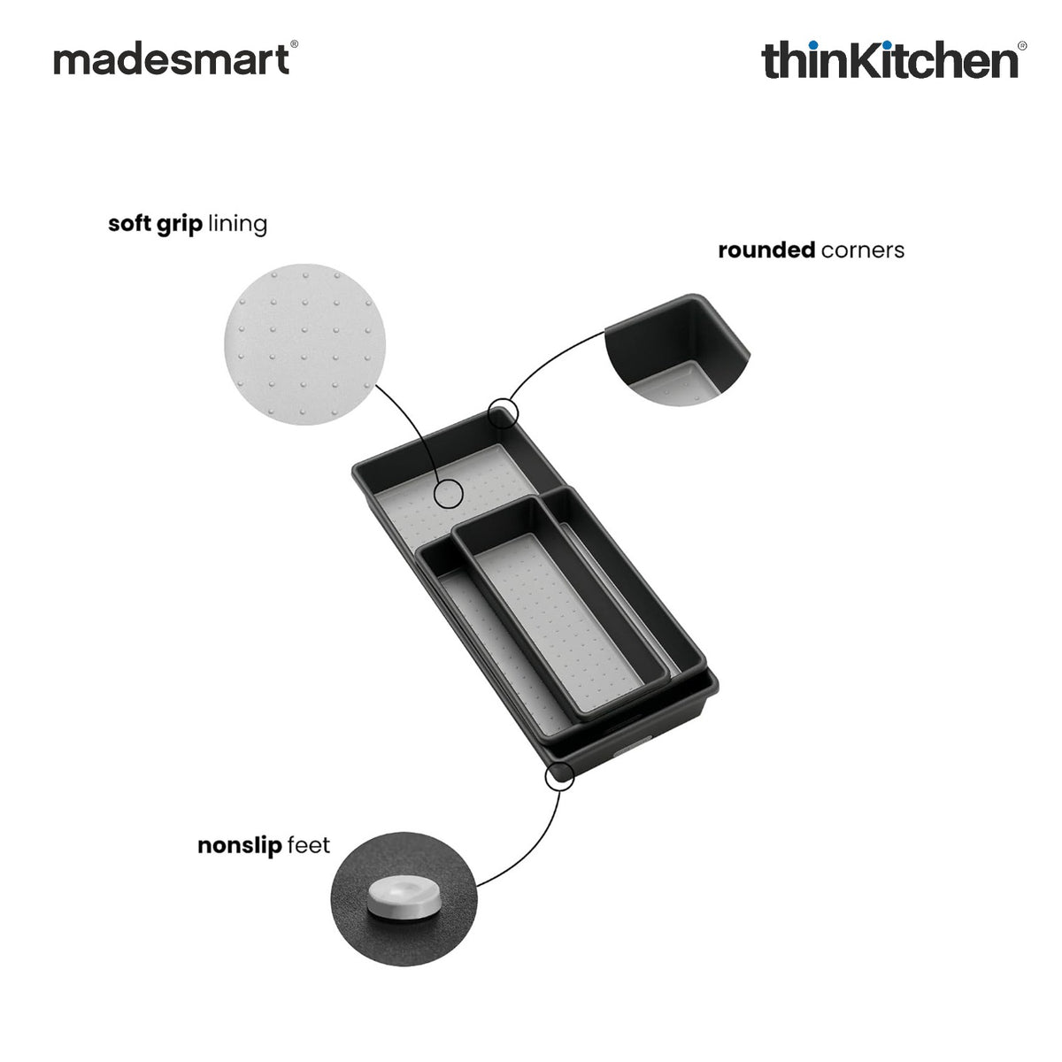 Madesmart Classic 3 Bin Drawer Organizer Set With Soft Grip Lining, Carbon