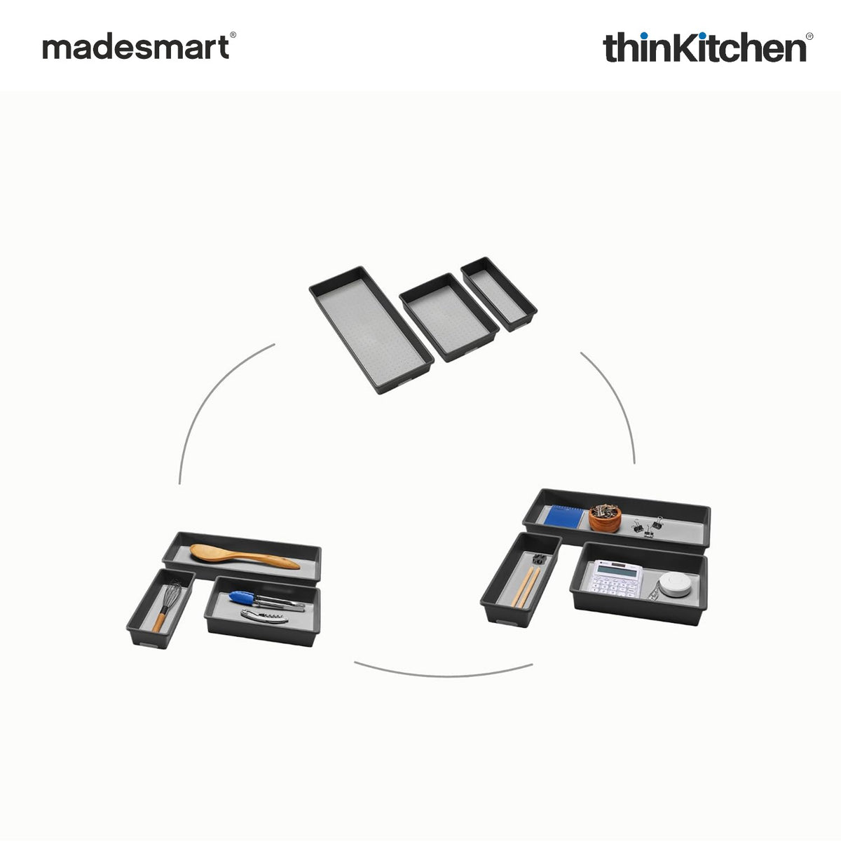Madesmart Classic 3 Bin Drawer Organizer Set With Soft Grip Lining, Carbon