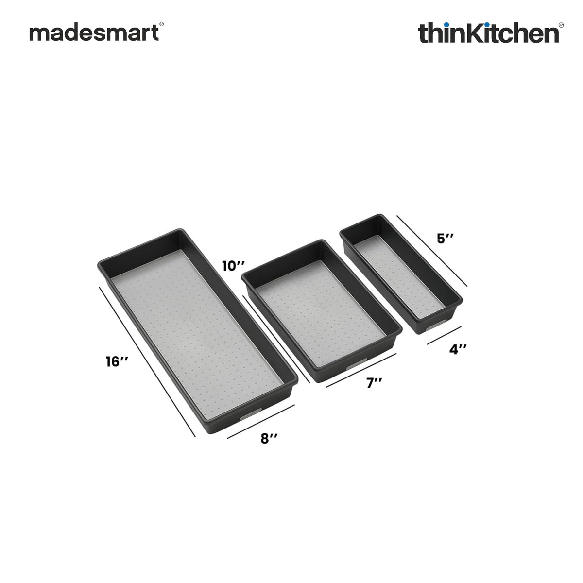 Madesmart Classic 3 Bin Drawer Organizer Set With Soft Grip Lining, Carbon
