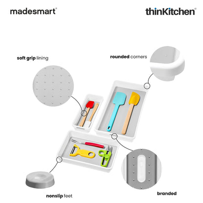 Madesmart Classic 3 Pcs Drawer Organizer With Soft Grip Lining, Non Slip Feat  - White