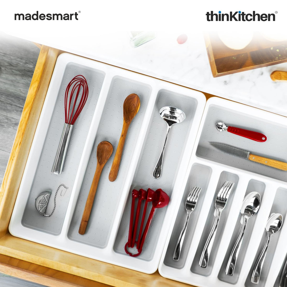 Madesmart Cooking Tools Organizer Tray, 3 Compartments, Utensils Kitchen Drawer Tray - White