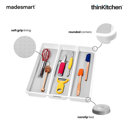 Madesmart Cooking Tools Organizer Tray, 3 Compartments, Utensils Kitchen Drawer Tray - White