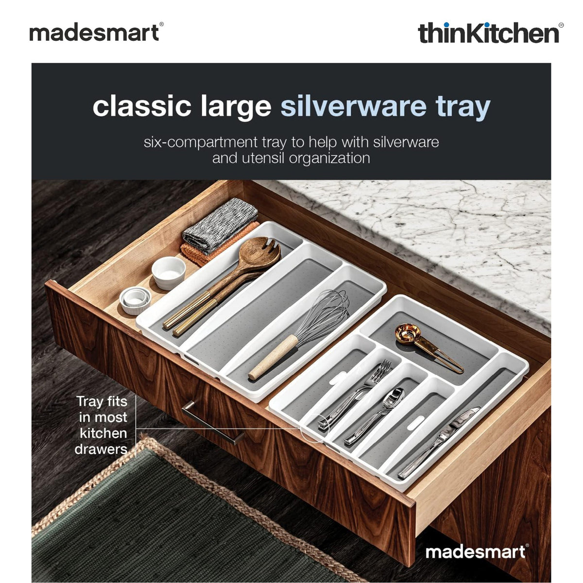 Madesmart Large Cutlery Organizer, 6 Compartments, Kitchen Drawer Tray, Non-Slip Feet - White