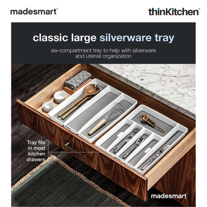 Madesmart Large Cutlery Organizer, 6 Compartments, Kitchen Drawer Tray, Non-Slip Feet - White