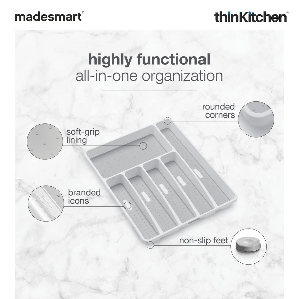 Madesmart Large Cutlery Organizer, 6 Compartments, Kitchen Drawer Tray, Non-Slip Feet - White