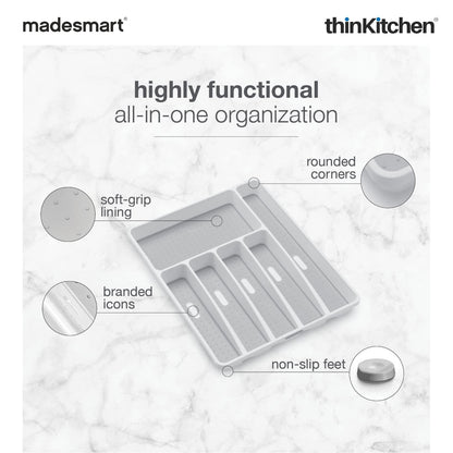 Madesmart Large Cutlery Organizer, 6 Compartments, Kitchen Drawer Tray, Non-Slip Feet - White
