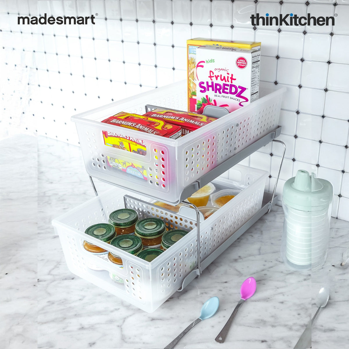 Madesmart 2-Tier Organizer With Pull-Out Bins And Dividers, Frost