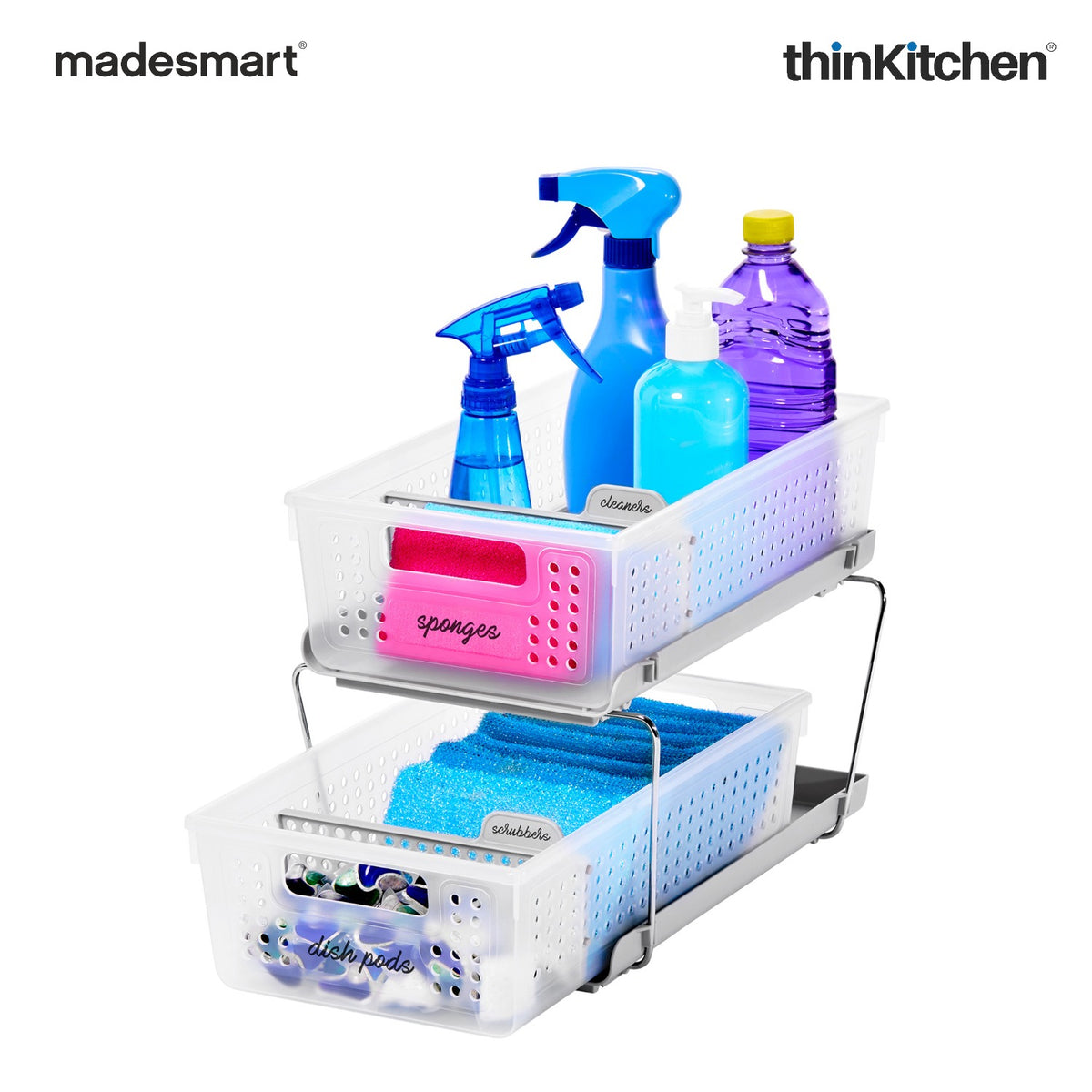 Madesmart 2-Tier Organizer With Pull-Out Bins And Dividers, Frost